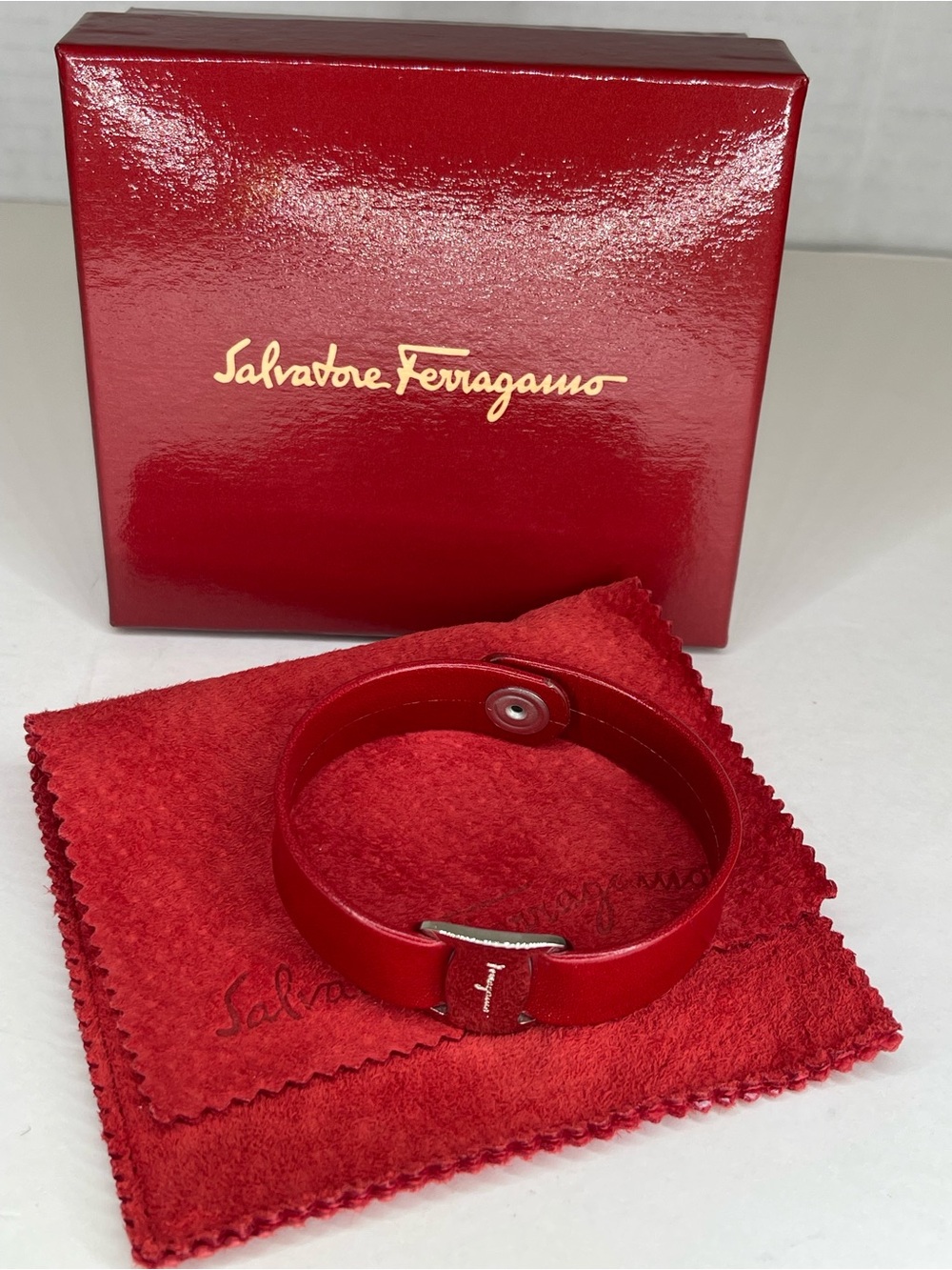 Salvatore Ferragamo Red Leather Bracelet with Box